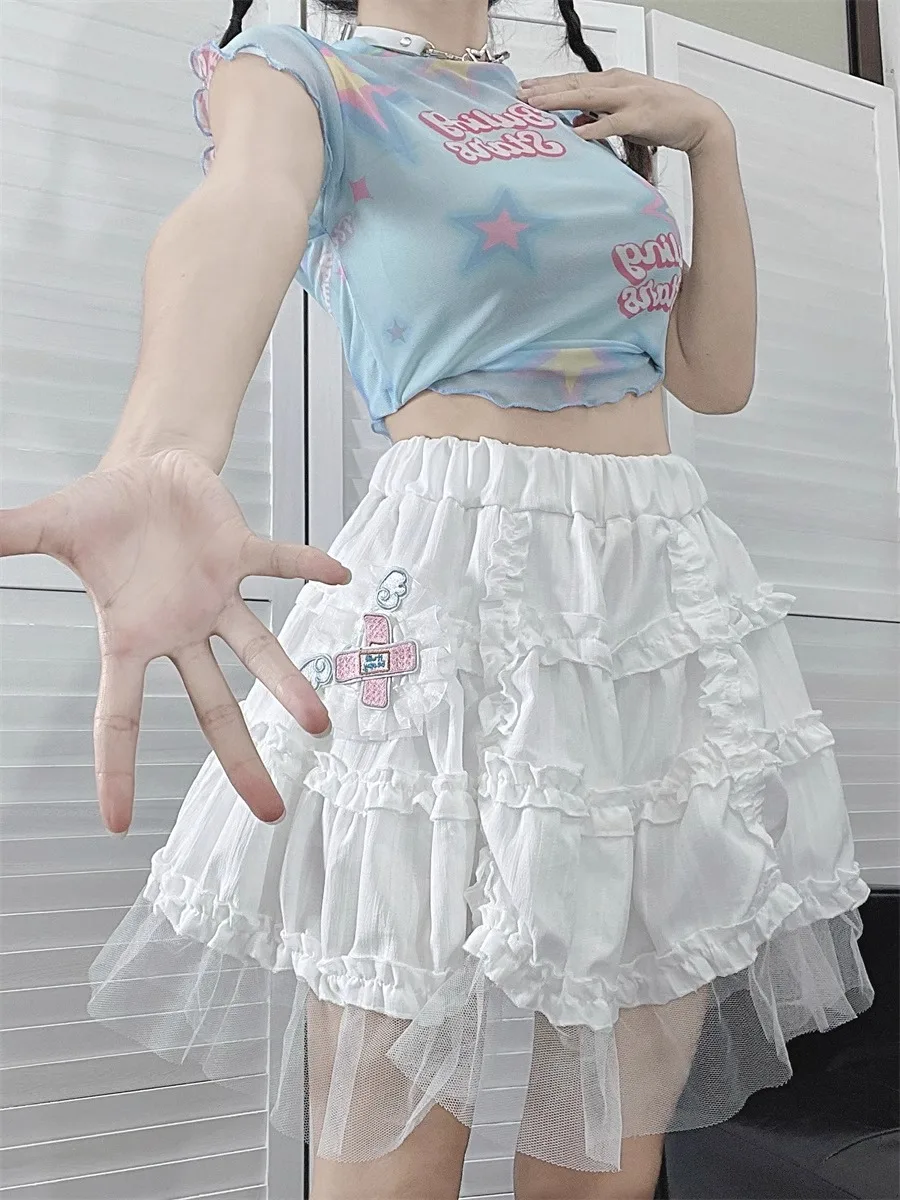Subculture Japanese Lace Cake Skirt White Half Skirts Girl Women Lolita 2000s Elegant Summer 2024 Femme Short Mini Dress