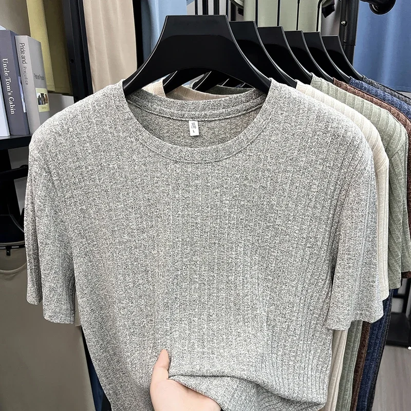 Herren Gestricktes Geripptes Gestreiftes T-Shirt Kurzarm O-Ausschnitt Atmungsaktiver Komfortabler Stoff Sommer Lässig Geschäftlich Tägliche Kleidung