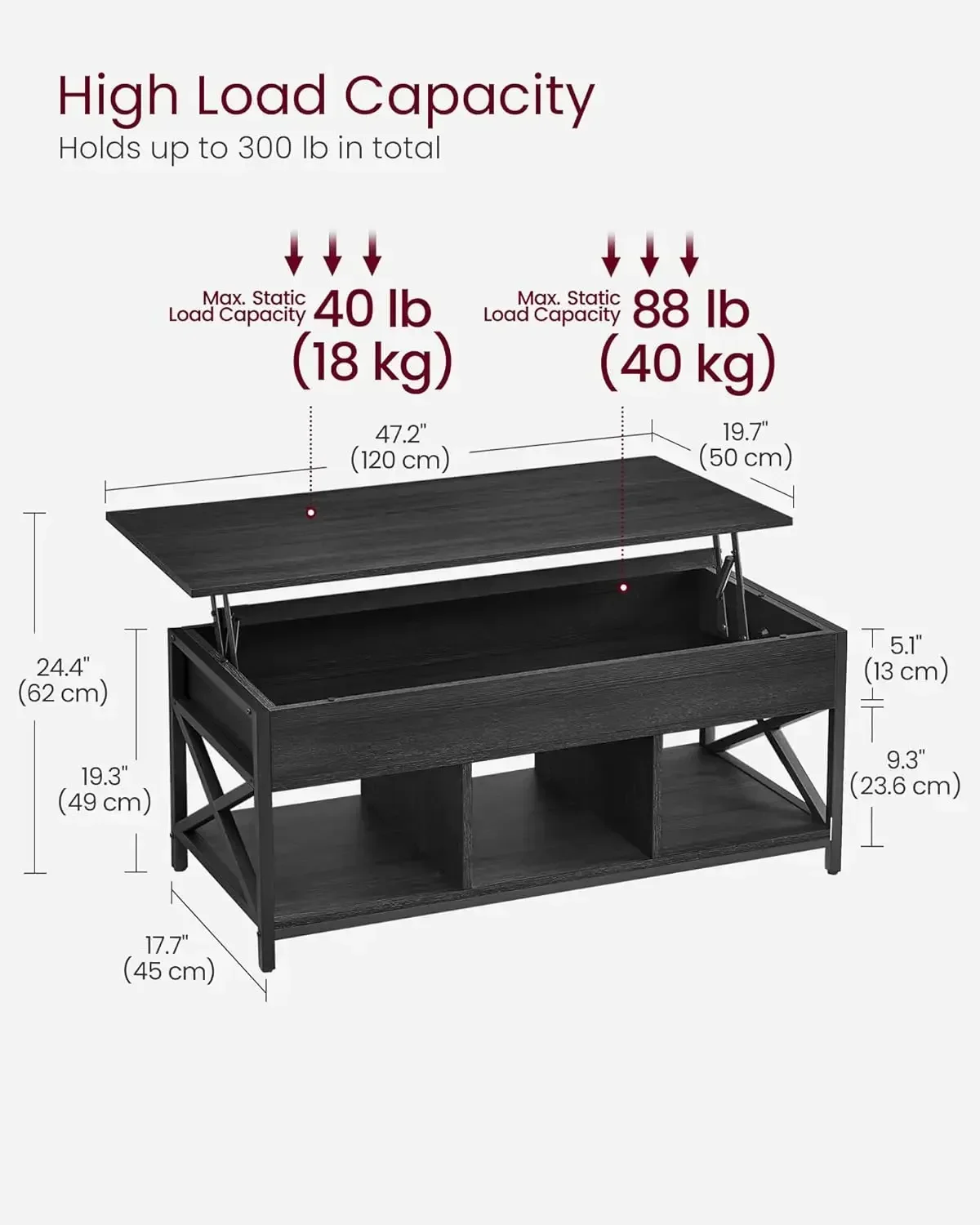 Lift Top Coffee Table, Lift Coffee Table with Storage Shelf for Living Room, OfficeBlack with Wood Grain 2