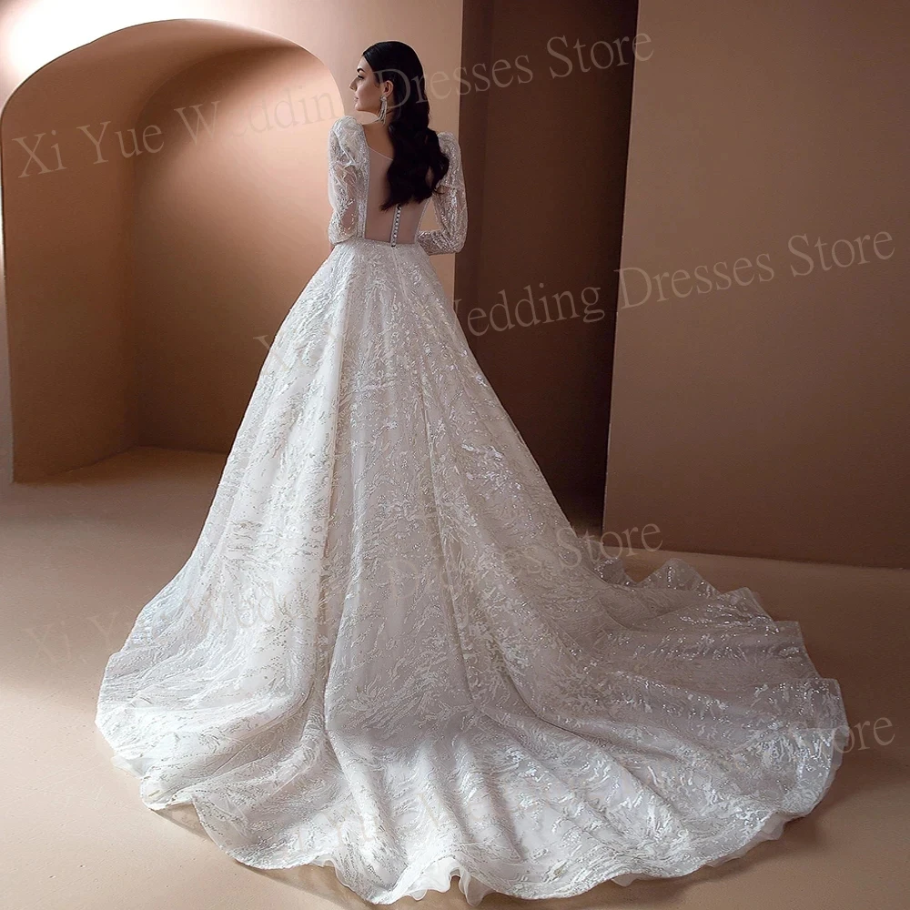 Graceful Square Neck Wedding Dresses Sparkly Sequins Bride Gowns A-Line Princess Long Sleeves 2025 Customized Robes De Mariée 2