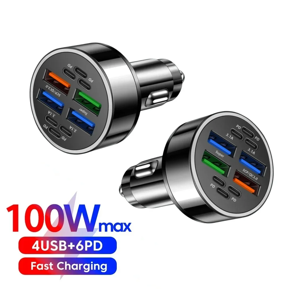 Super Fast 100W 10 in 1 Car Charger Fast Charge PD QC30 Multi Port USB C For iPhone Samsung Huawei Xiaomi Car Power Adapter