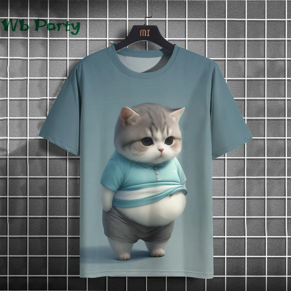 Cat Print T-shirts for Men Casual Short Sleeved Tee Oversized Mens