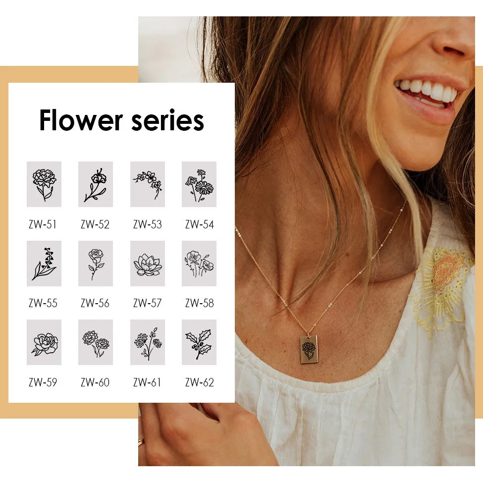 

Stainless Steel Square Pendant Engraved Flower Necklace For Women Exquisite Gold Birthday Month Flower Necklace Fashion Jewelry