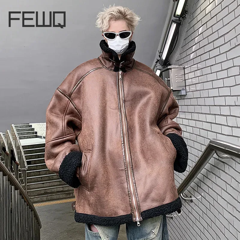

FEWQ PU Leather Fur High Street Style Stand Collar Lamb Wool Cotton 2023 Solid Color Zipper Design Long Sleeve Male Tops 24X3092