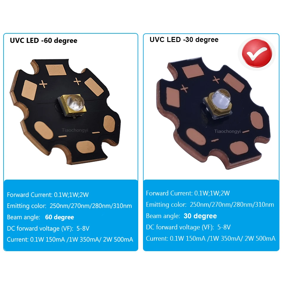Фото UVC UV светодиодный 0,1 нм, угол луча 30 градусов, Вт, 1 Вт, 2 Вт, ультрафиолетовый свет, фотолампа, светодиодный Диод с медной печатной платой №4