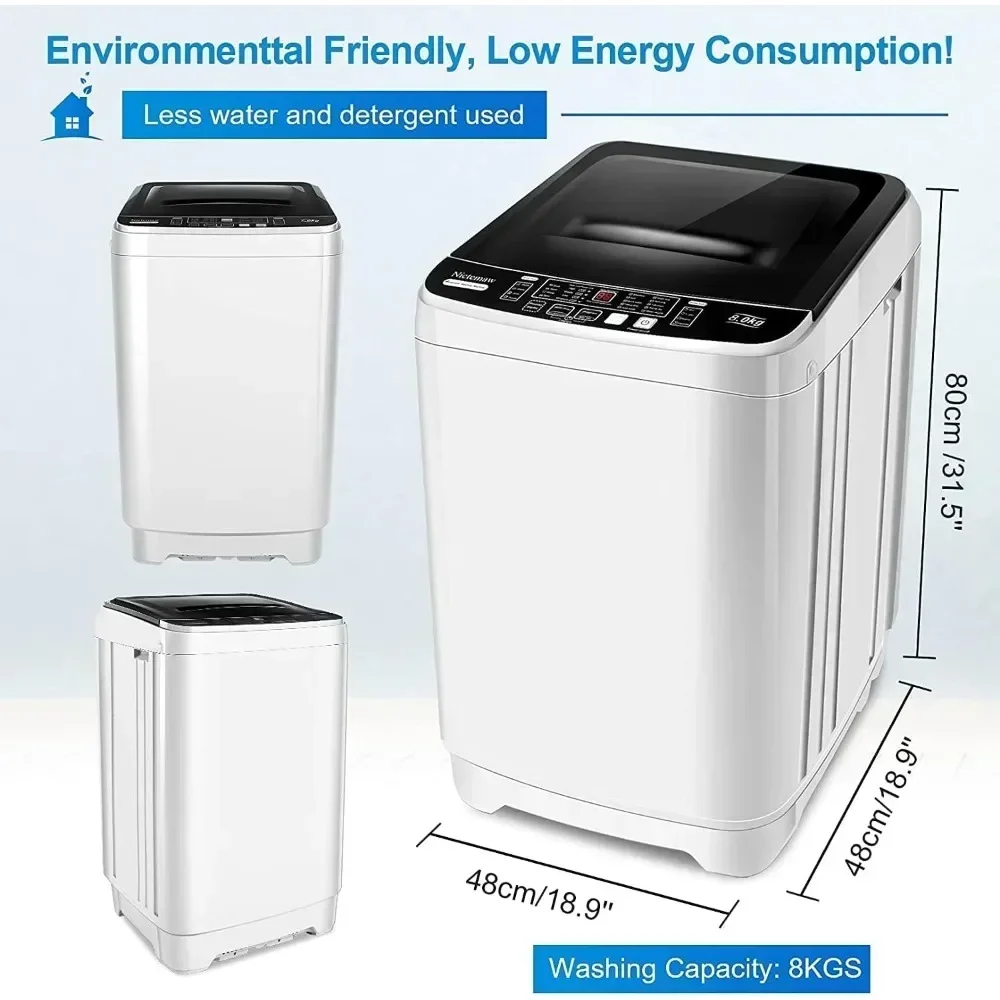 Washing Machine Portable 17.8Lbs with Drain Pump Full-Automatic Compact with 10 Programs 8 Water Level