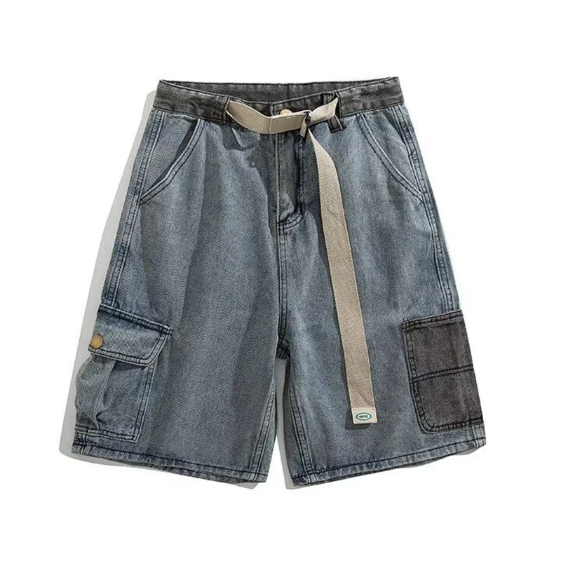 PFHQ Belt Workwear Denim Men's Shorts Straight Leg Wide Leg Patchwork Korea Fashion Casual Male Trousers 21E3258