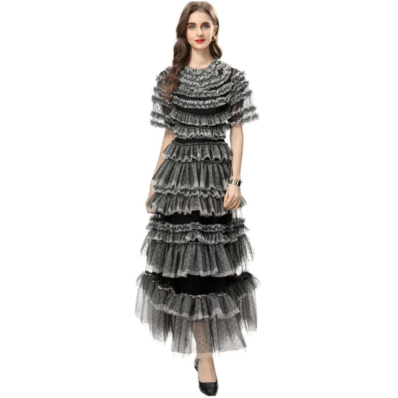 

Black and white color block maxi dress, Multi-layer, ruffles, round neck, short sleeve, ankle length, spotted tulle mesh, ball