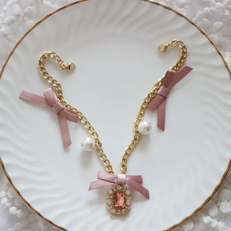Japanese Sweet Lolita Pearl Rhinestone Bow Bag Pendant Handmade Dream Bag Hanging Chain Pendant Pink Bow Charms for Handbag