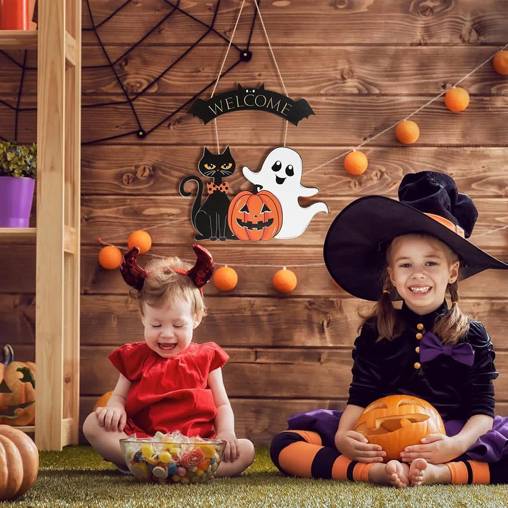 Halloween Wooden Cross Border Home Decoration Crow Pumpkin Ghost Creative Decoration Door Number Halloween Pendant