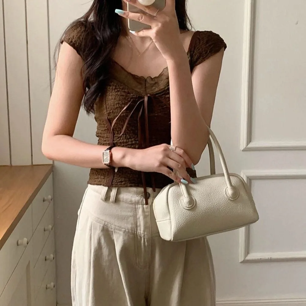 Ins Sweet Slim Crop Top Female Clothing Korean Style Short Sleeve T-shirt Spicy Girl Bottoming Shirt Lace Bow T-Shirt Women Girl