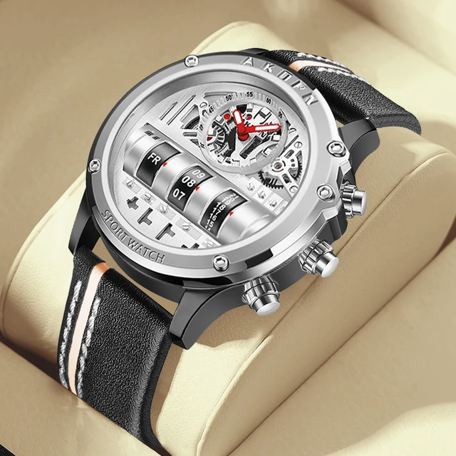 Montre à Quartz électronique de luxe pour hommes montres d'affaires hommes créatifs montre-bracelet Unique rotation Date bracelet en cuir montres 1