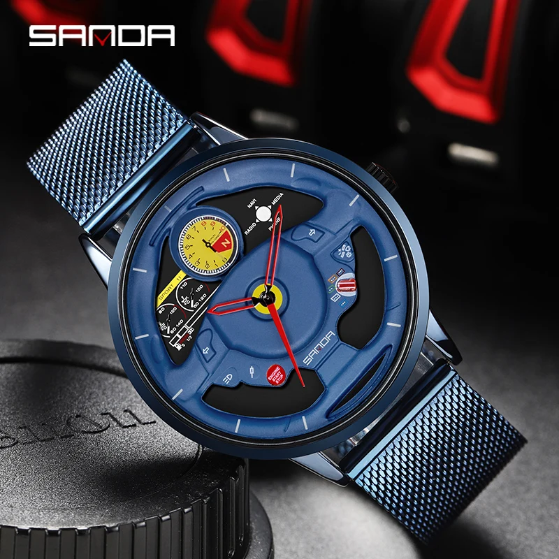 SANDA Sports Mens Watches Racing Watch Fashion Trend Blue Mesh Strap Waterproof Drop Resistant Clock Men Quartz Wristwatch P1085 cycling thin temperament mesh polka dot sports lace sunscreen sleeves korean style oversleeves women arm sleeves sun protection