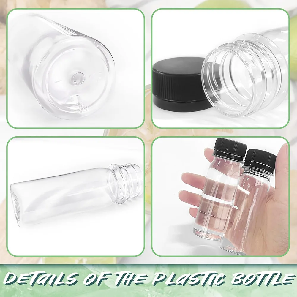 2 oz Small Plastic Bottles for Liquids Ginger Shot Bottle with Lids Reusable Bulk Beverage Containers