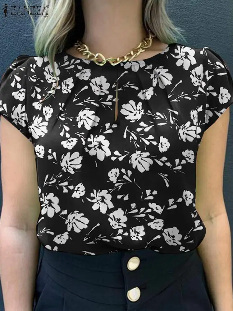 

Летняя модная туника ZANZEA, топы, Женская винтажная блузка с цветочным рисунком, элегантная офисная рубашка для отдыха, повседневные блузы с коротким рукавом и круглым вырезом