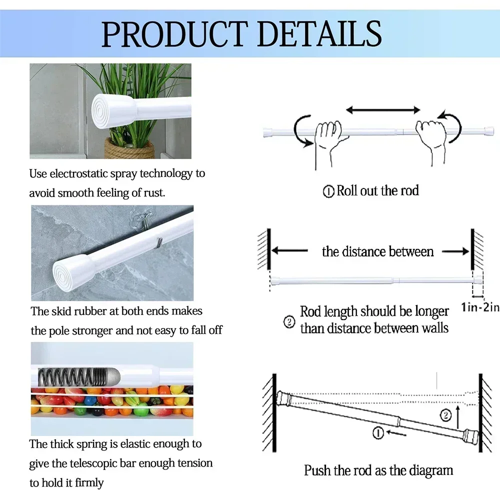 Spring Tension Curtain Rods Durable Adjustable Length Hanging Extendable Telescopic Poles for Bathroom Kitchen Cupboard No Drill curtain rods