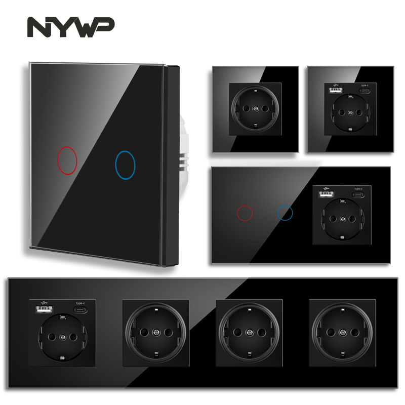 NYWP Touch sensor switch with socket crystal glass panel 110~250V 16A 157*86 wall socket with Light Switch 1/2/3Gang 1Way