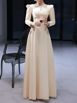 Square Collar Elegant Slim Waist Appliques Wedding Party Dresses Solid Temperament Long Sleeve Prom Dress Simple Evening Robe