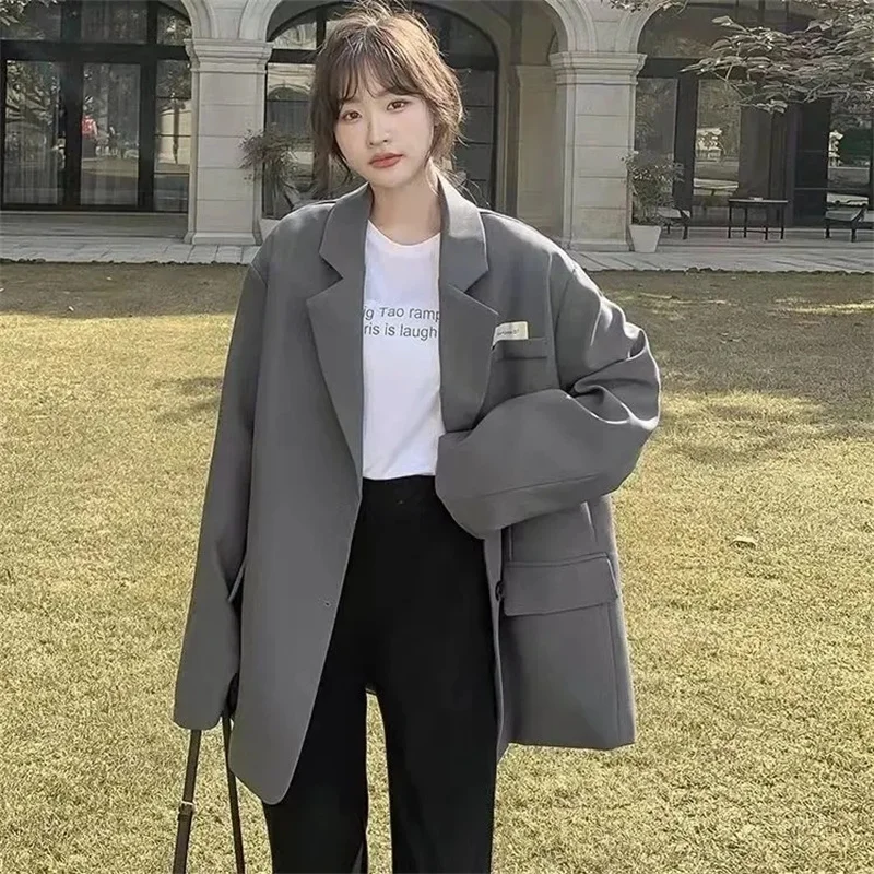 Black High-end Fried Street Suit Jacket 2022 Spring Autumn New All-match Loose Casual Suit Top Women's Gray Commuter Solid Color