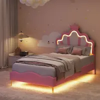 Lit pour enfants Superaly 90x200cm, lit de princesse avec tête de lit en forme de couronne, avec éclairage LED et sommier à lattes, cadre de lit simple 3