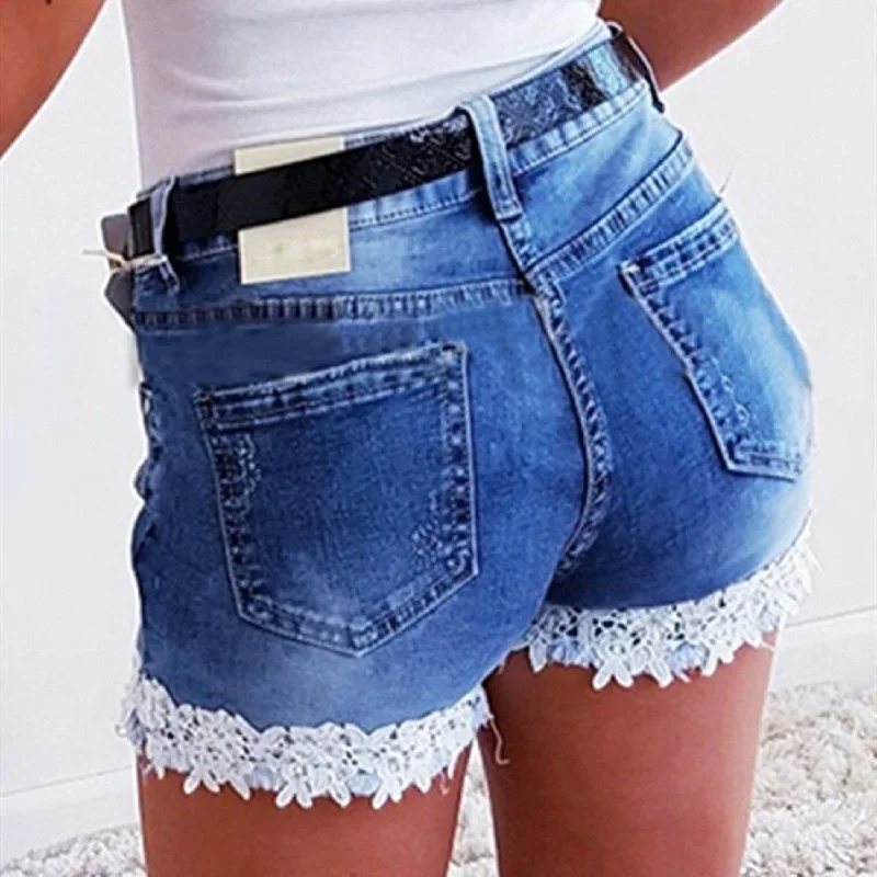 Women Slim Stretch Lace Stitching Denim Shorts Jeans Shorts Fashion Casual Ladies Short Black Blue Indie Denim Trousers Summer