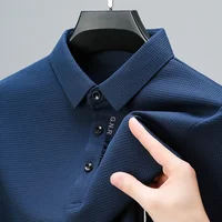 POLO gaufré à manches longues pour hommes avec lettre imprimée revers haut décontracté 1
