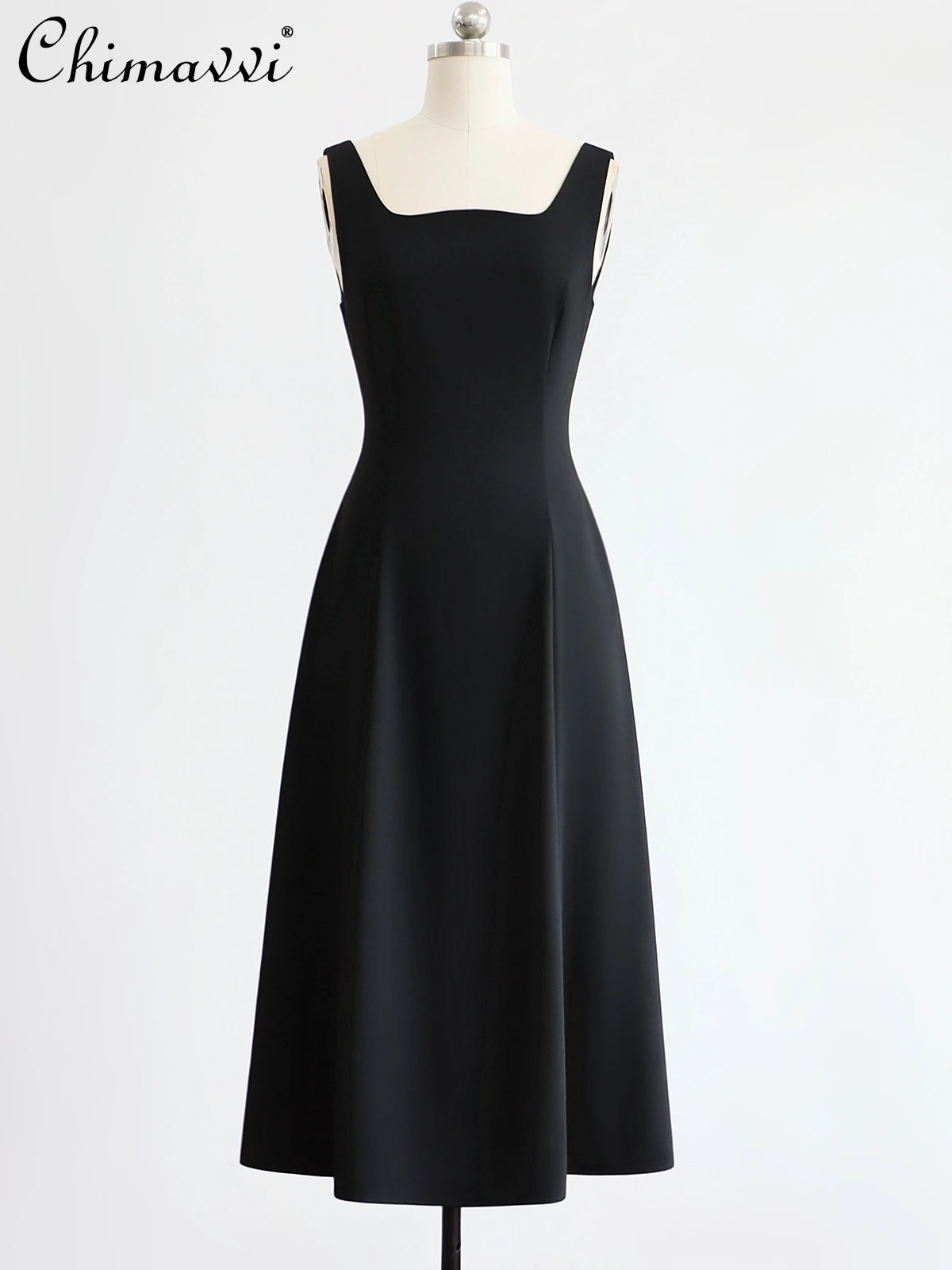

French Elegance Simple Sleeveless Square Collar High Waist Slim Fit A-line Side Pockets Black Sling Long Dress For Women Summer