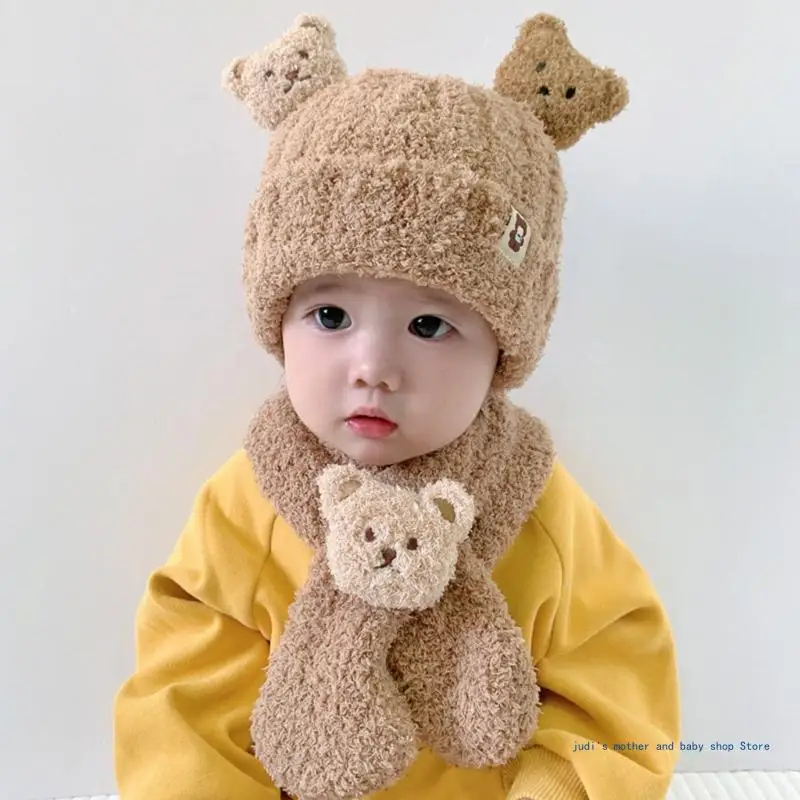 67JC  겨울 모자 목 스카프 세트 귀여운 곰 플러시 비니 보닛 모자 Neckerchief 키트