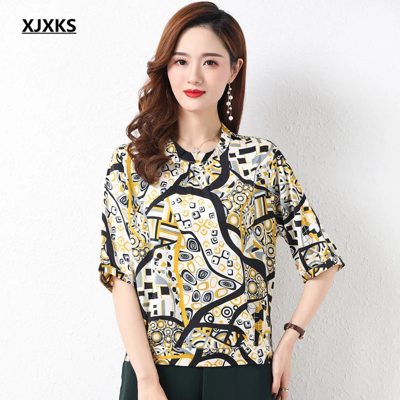 

XJXKS Oversize Women's Blouse2022 Summer New High-quality Comfortable Mid-sleeve Top Female Shirt