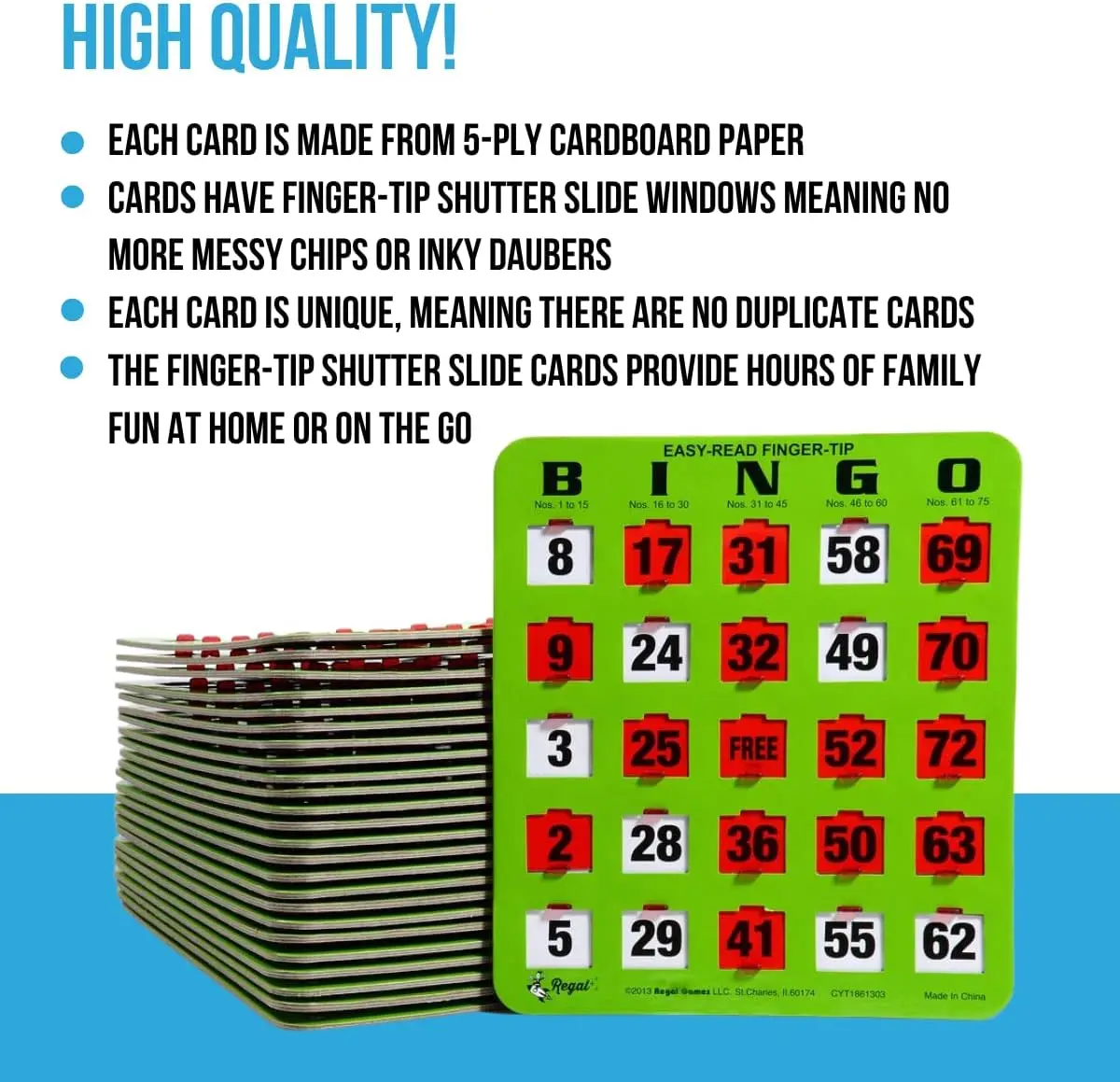 Bingo Shutter Slide Bingo Cards Only 8&rdquo; x 9&rdquo;-5-Ply Green Cardstock Easy to Read No Duplicates Red Sliding Windows