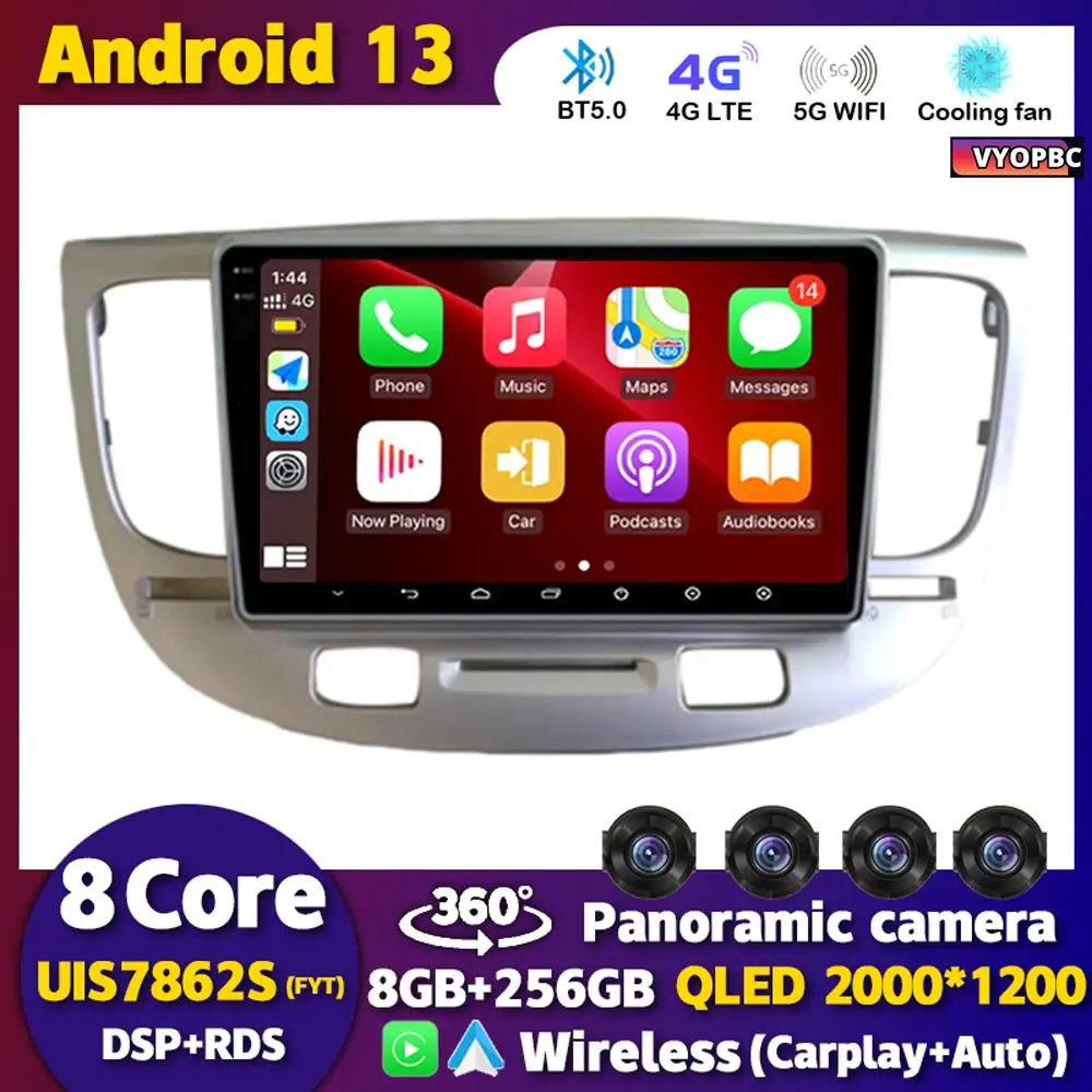 

Android 13 Carplay Auto WIFI+4G For Kia RIO 2 RIO2 2005-2008 2009 2010 2011 Car Radio Multimedia Player GPS 360 Camera BT Stereo