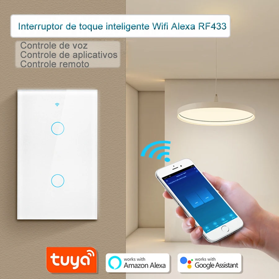 Interruptor Alexa Touch WiFi Tuya Smart Switch Without Neutral Single Fire  Wireless RF 433Mhz Remote 1/2/3 Gang Smart Home