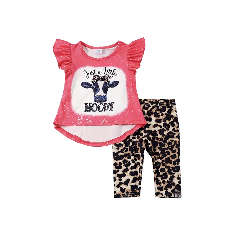 

New Summer Girls Clothes Moody Cow Print Cartoon Princess Pearl Sleeve T-shirt Wednesday Leopard Capris Set