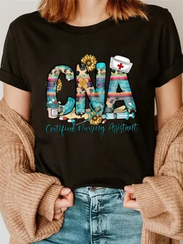 CNA Nurse Print Graphic T-Shirts Polyester Breathable Tee Shirt Crew Neck Casual Black T Shirts For Women