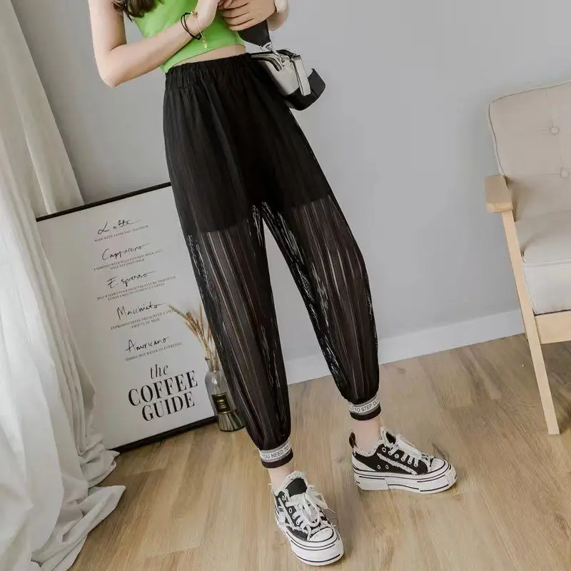 2024 Summer Korean Version of Hip-hop Style Fashionable and Personalized High Waisted Pocket Breathable Hollow Mesh Hoodie Pants