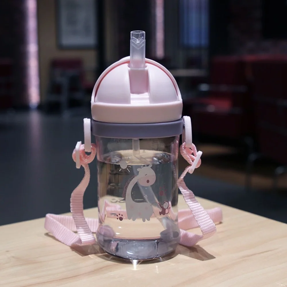 Water Bottle Water Cup Kids Children Cartoon Animal School Drinking Water Straw Bottle Gravity Ball Straw with Shoulder Strap