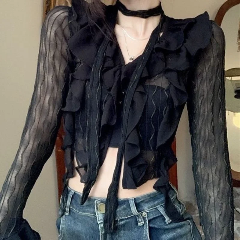 Deeptown  Grunge Y2k Women Lace Blouses Sexy Gothic Crop Top Female Shirts Elegant Black Transparent Cardigan Korean Streetwear