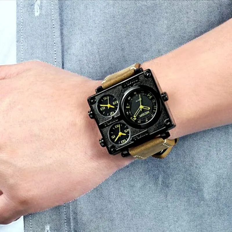 MEGIR Retro Leather Watch Square  Multi-time Zone Special Large Dial Waterproof For Military Sports Quartz Men Clock+Box2069