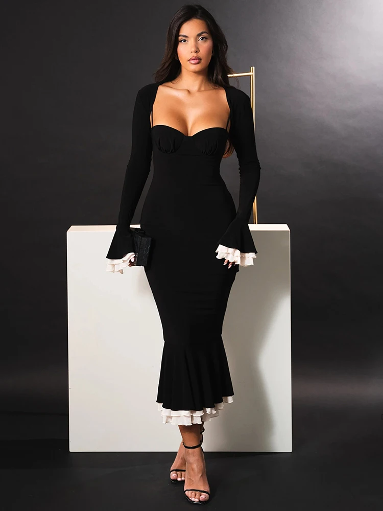 Mozision Elegant Long Sleeve Sexy Maxi Dress for Women Gown Fashion Patchwork Square Collar Bodycon Evening Fishtail Dress