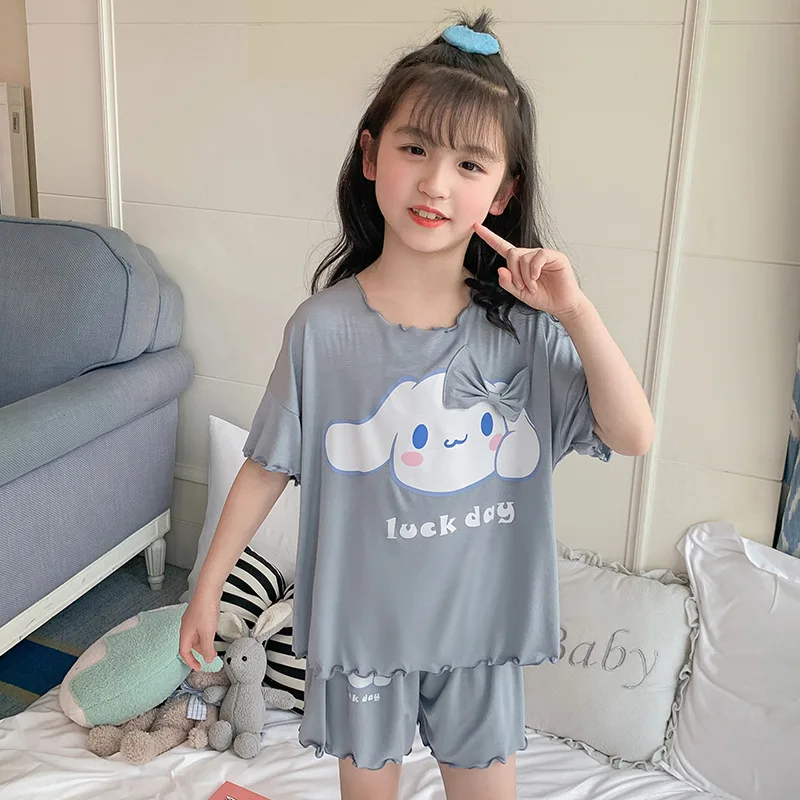 

2024 New Kawaii Kuromi Cinnamoroll My Melody Childrens Pajamas Girls Summer Thin Short Sleeved Cartoon Cute Home Clothing