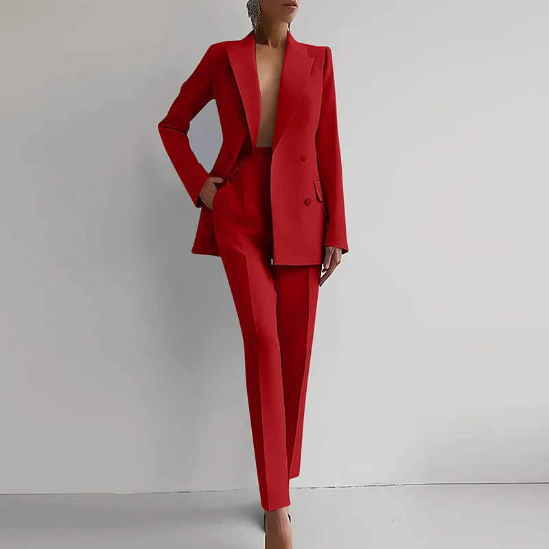 Elegant Commuter Career Outfits Fashion Lapel Collar Button Blazer & Pencil Pants Sets Women Casual Long Sleeve Solid 2Pc Suits