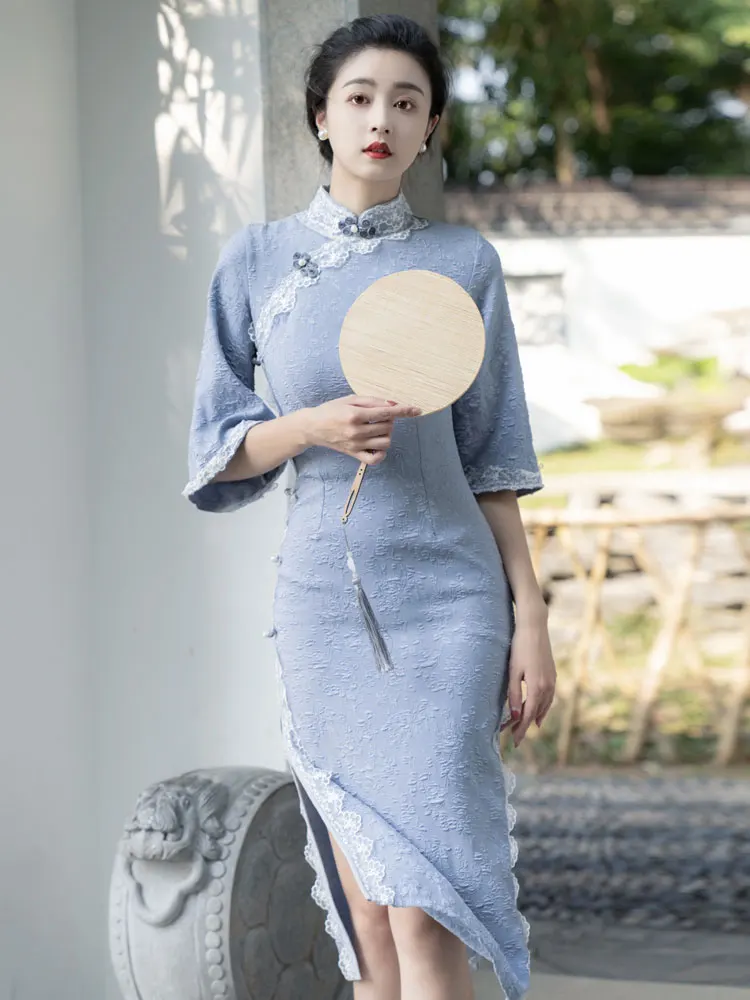 

Summer new women's dress Chinese style retro jacquard half high collar temperament Cheongsam dress side slit long dress