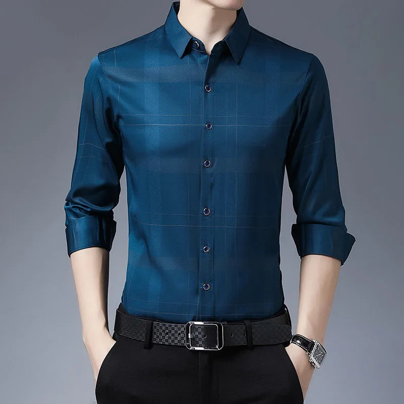 Fashion Men Plaid Smooth Shirt Spring Summer Long Sleeve Thin Korean Male Clothes Basic Streetwear Business Casual Loose Tops