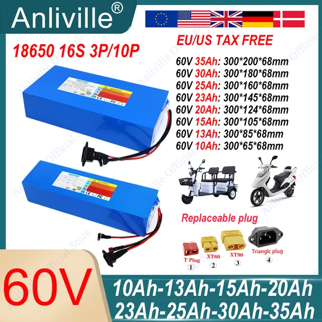 Batterie au lithium haute puissance 60V, 10ah, 13ah, 15ah, 20ah, 23ah, 25ah, 30ah, 35ah, 18650, 16S, 67.2V, pour moto et tricycle électrique 1