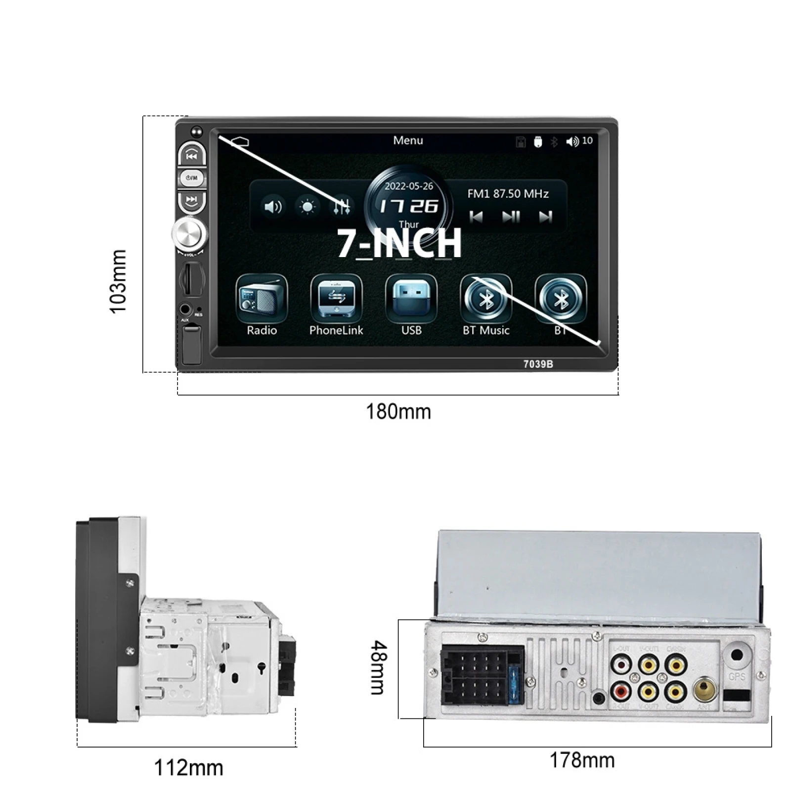 

A3061 7 дюймов MP5 Bluetooth плеер Универсальный проводной CarPlay реверсивное изображение интегрированный, стиль: Стандарт + 8 огней камера