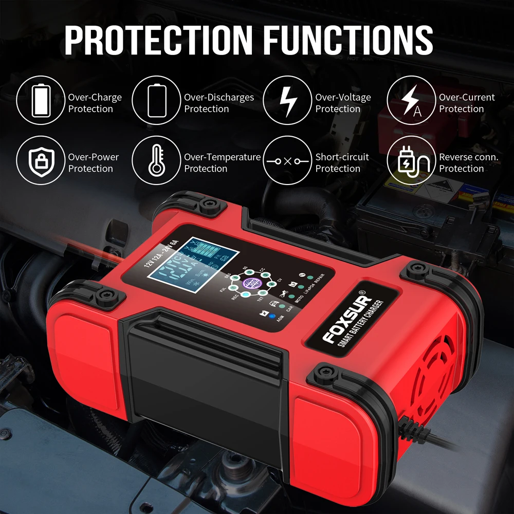 Smart Car Battery Charger 12V 24V LCD Display Motorcycle 7 Stage Automatic Charger AGM Deep Cycle GEL Wet Dry Lead-Acid Charger 2