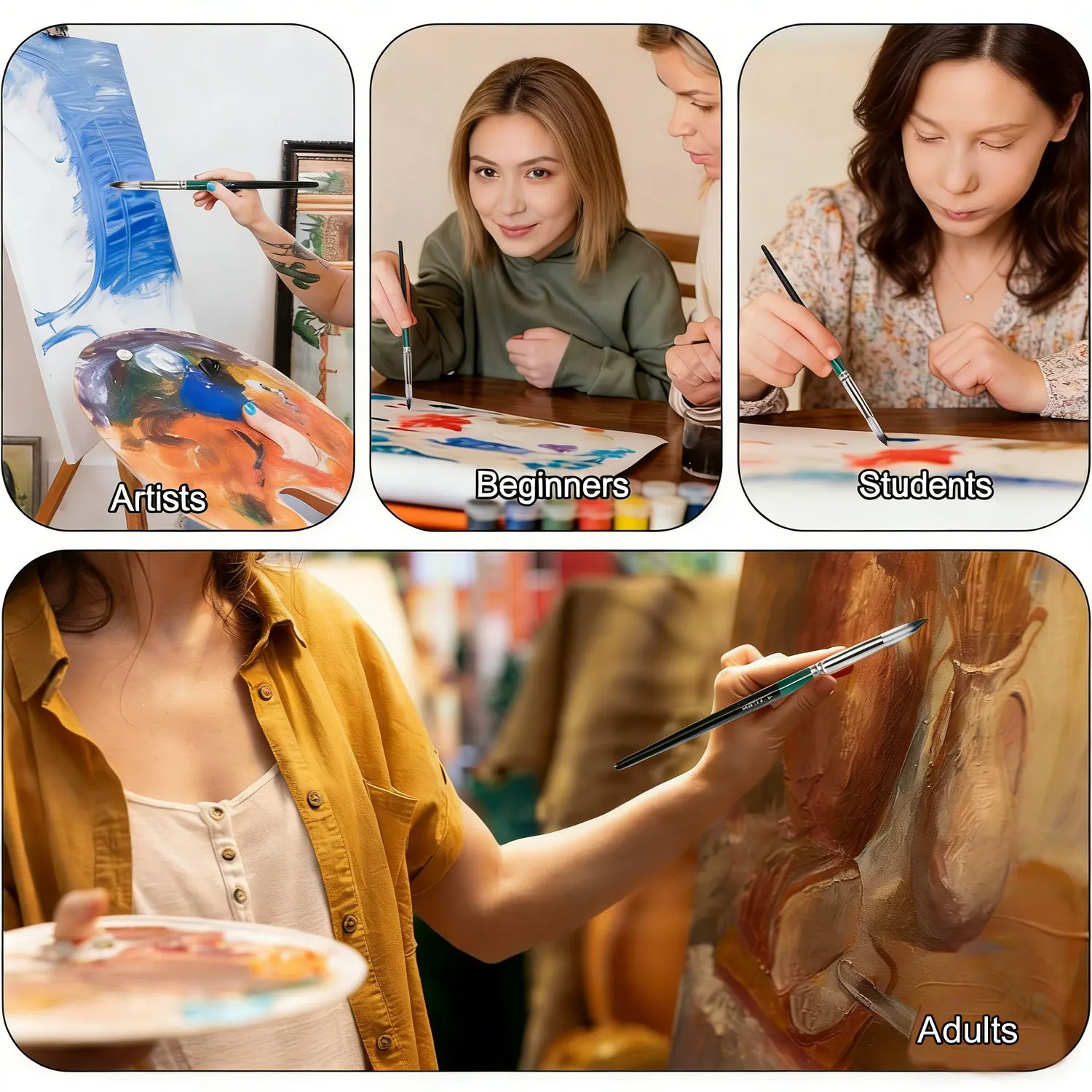 6피스 아티스트 페인트 브러쉬 세트, 아크릴, 유화, 수채화, 구아슈용 아트 브러쉬, 바디, 페이스, 락, 캔버스, 아티스트, 초보자용