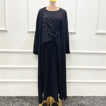 2Pcs Dubai Open Abaya Dress Set Muslim Modest Kimono Cardigan Pearl Robe Kaftan Women Islamic