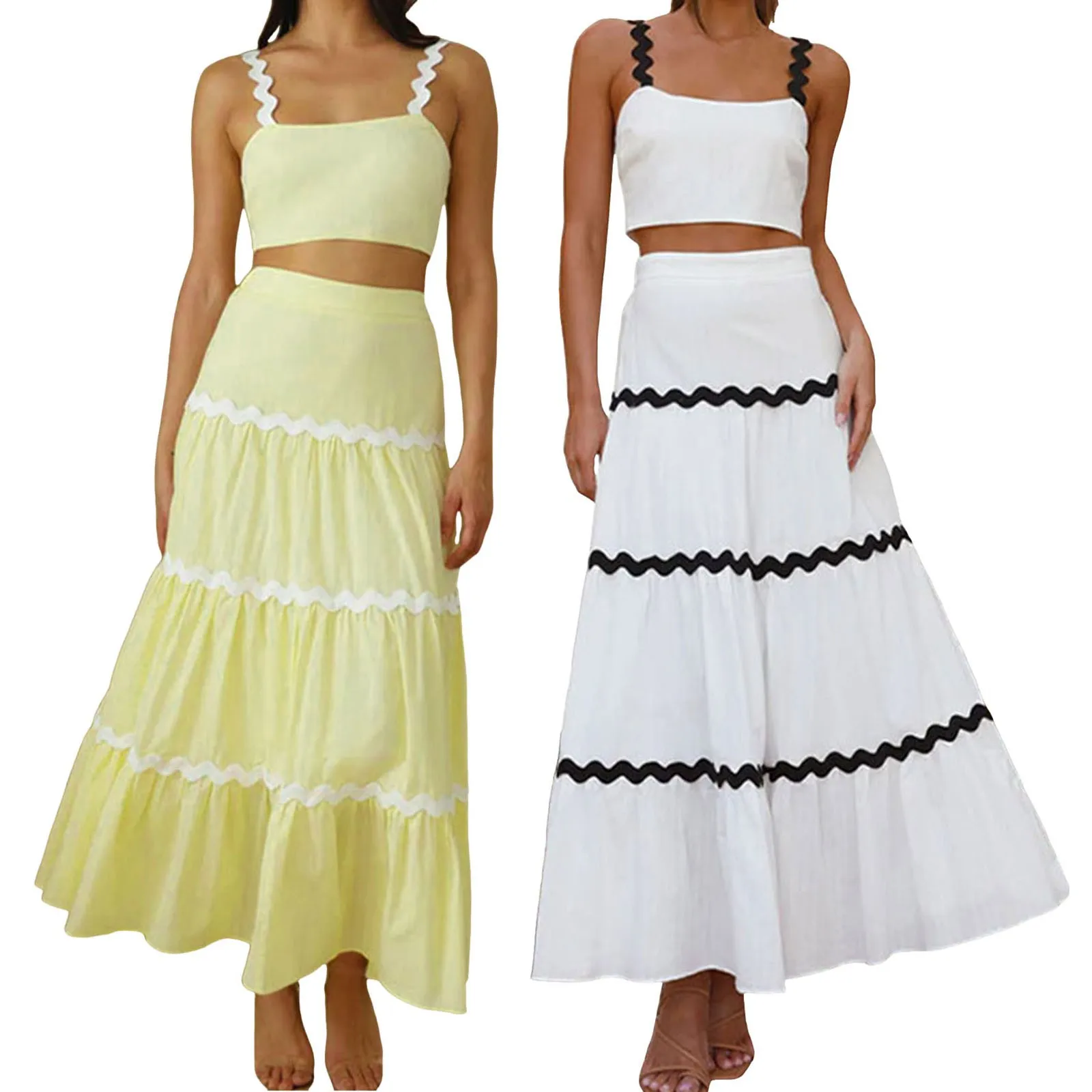 2024 Wave Stripe Holiday Strap Dress Set 2024 Spring Crop Top Elegant Sleeveless 2Pc Matching Sets Long Skirt A-line Beach Suit