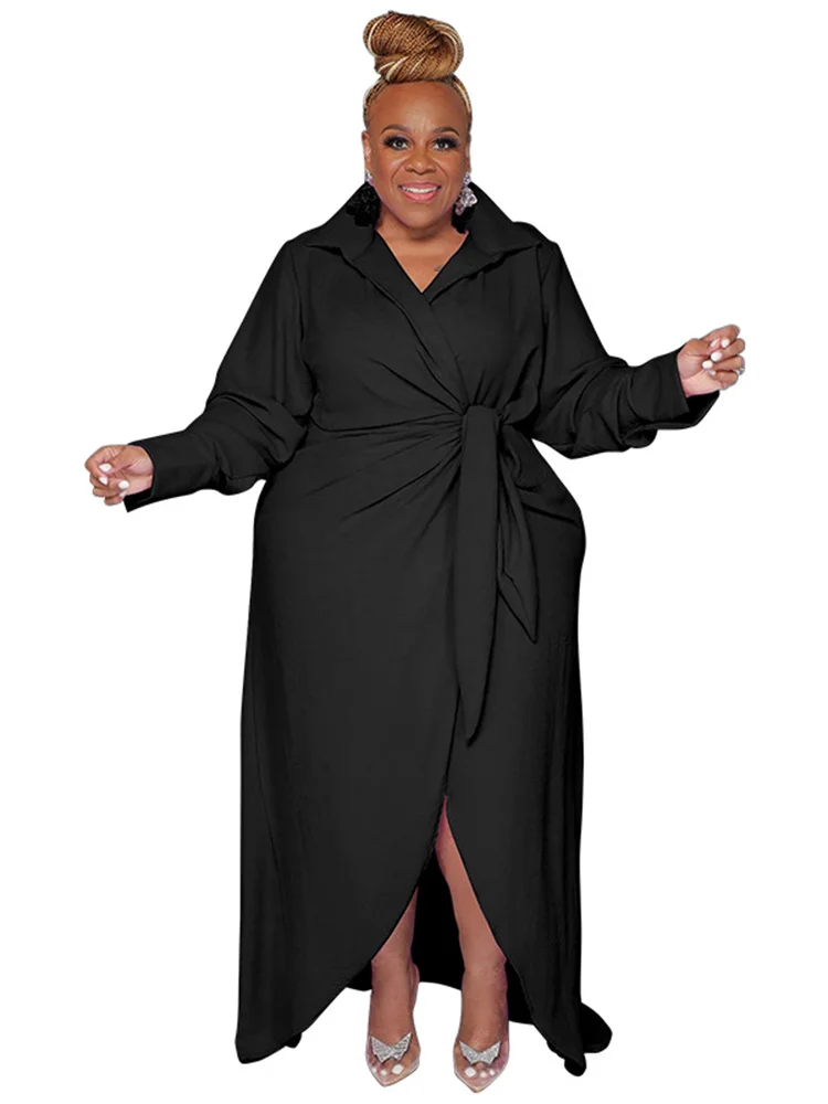 Wmstar Plus Size Dresses for Women Solid Elegant V Neck Shirts Maxi Dress New Fall Clothes with Bandage Wholesale Dropshipping